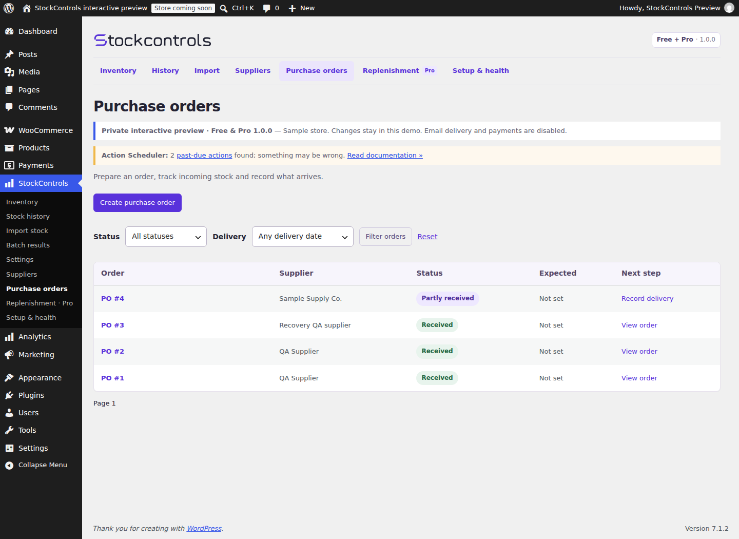Actual StockControls Pro purchase order showing an ordered quantity, partial delivery, and remaining units