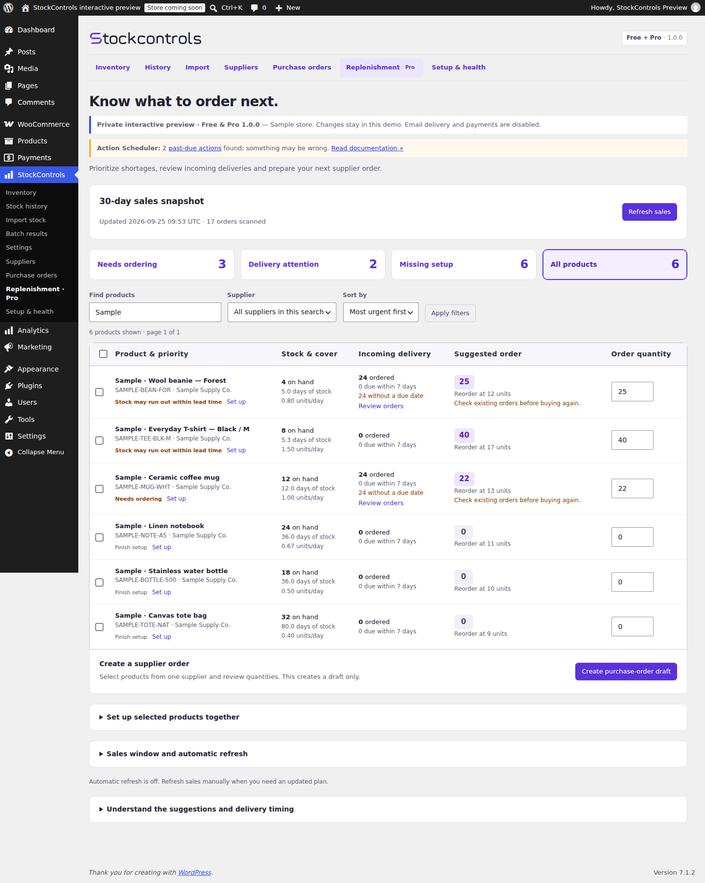 Actual StockControls Pro replenishment screen with sample products, supplier settings, sales demand, and reorder quantities